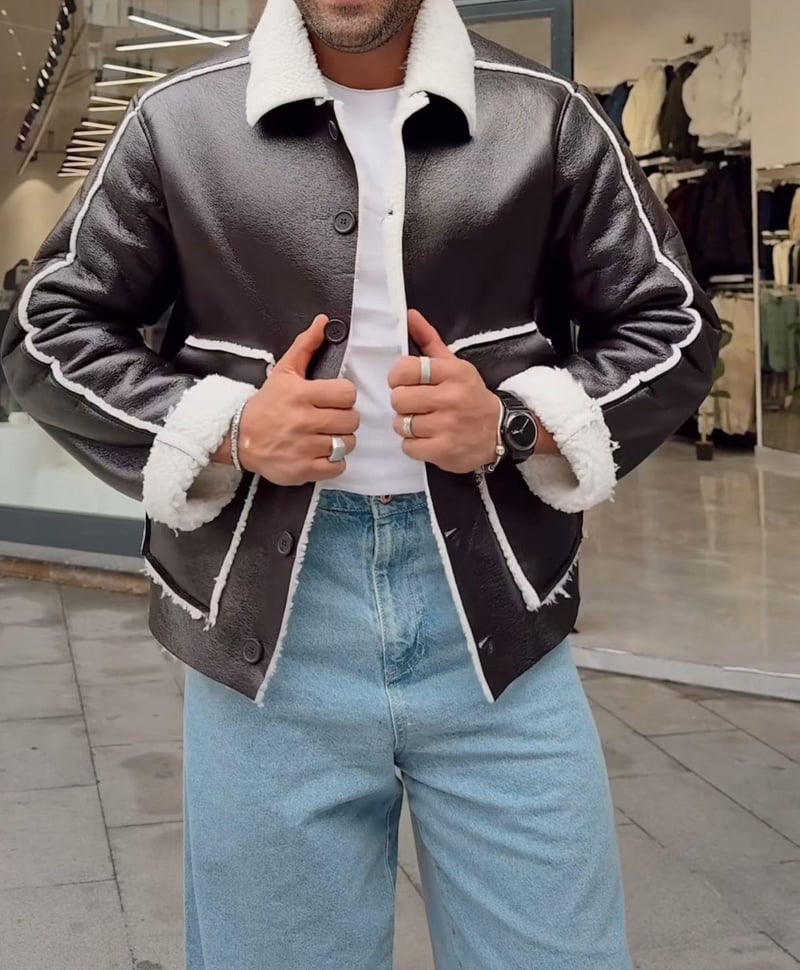 Leather jacket with white fur lining